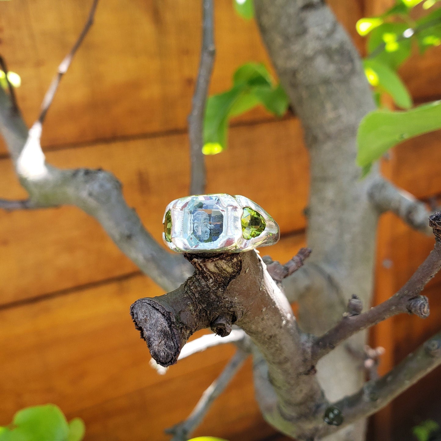 Face looking into space aquamarine and peridot ring