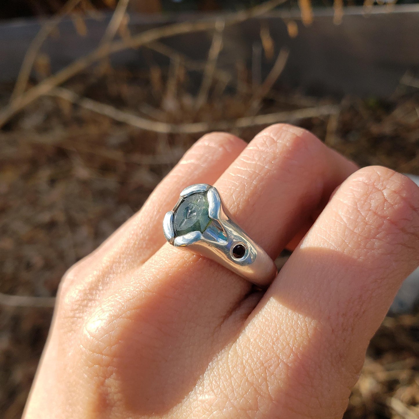 sapphire heart dagger silver ring