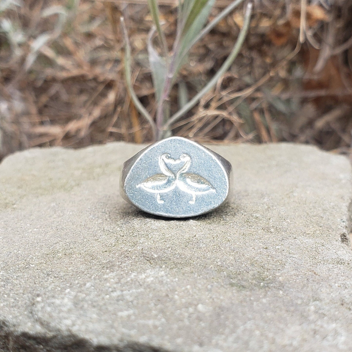 Kissing geese wax seal signet ring