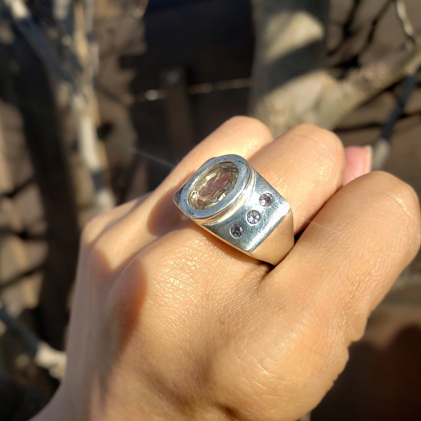 Citrine and tanzanite fishhook silver ring