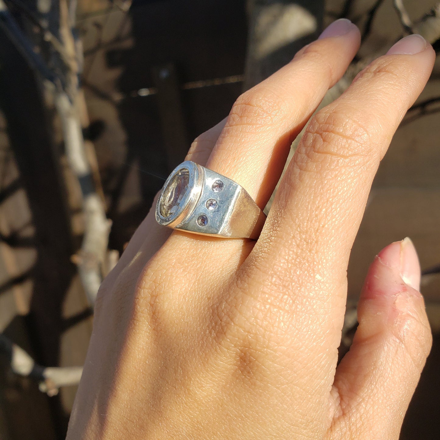 Citrine and tanzanite fishhook silver ring