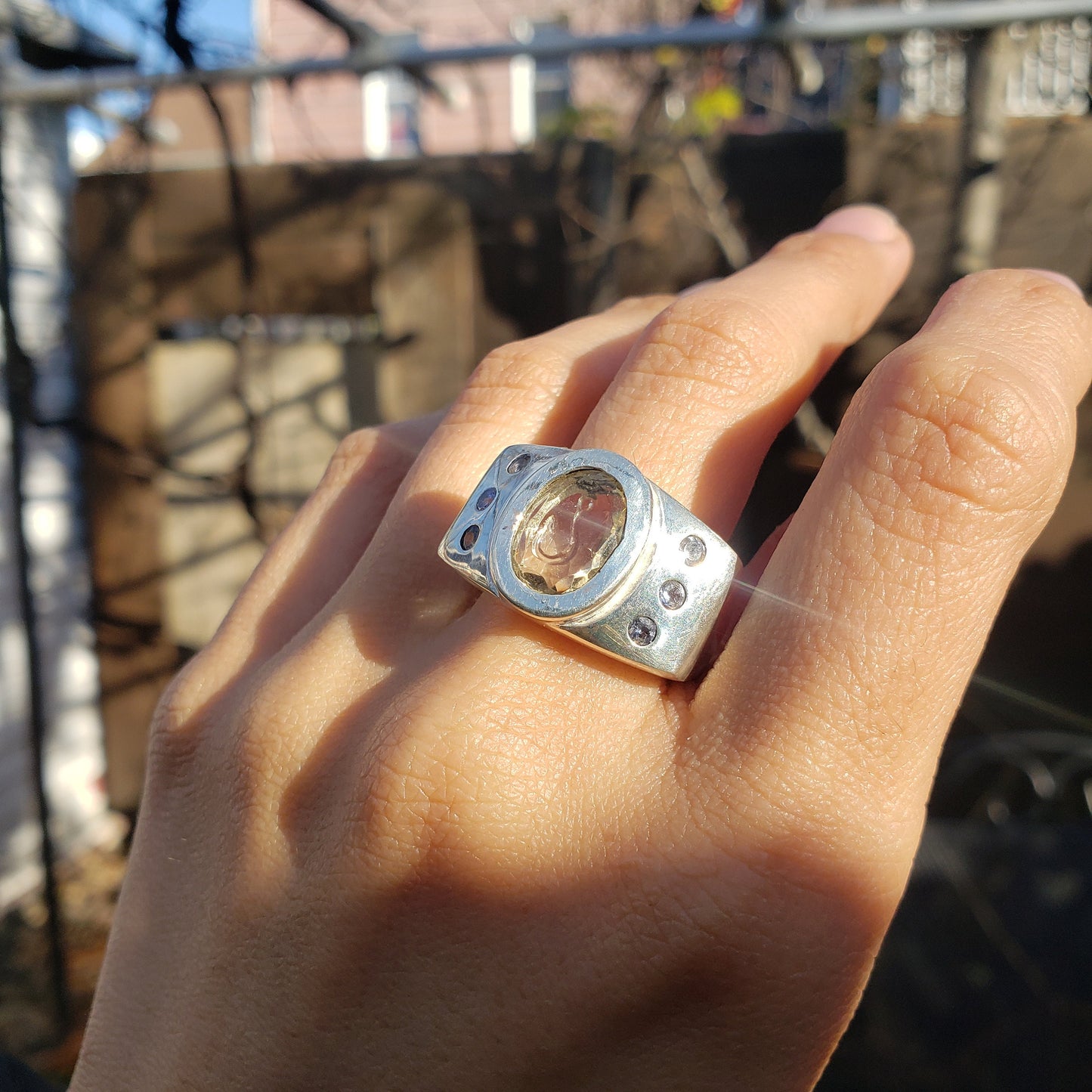 Citrine and tanzanite fishhook silver ring