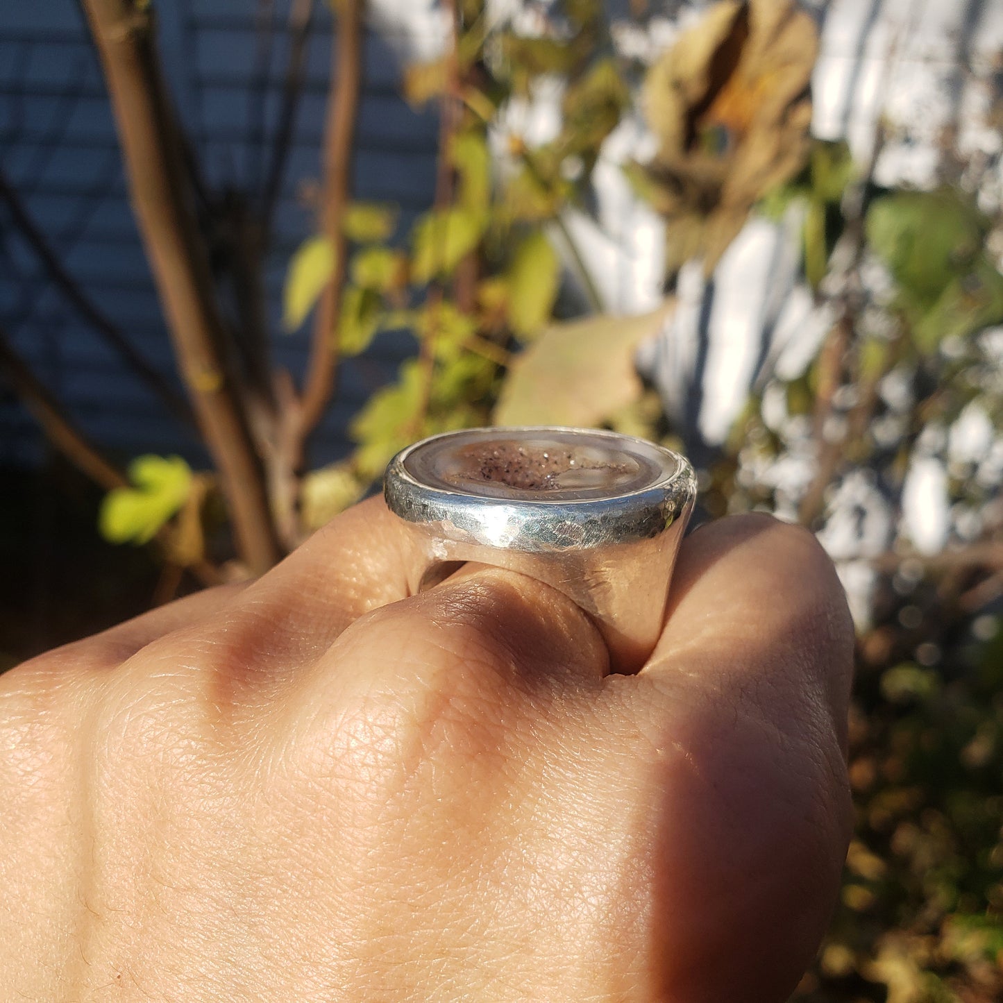 Ouroboros agate geode silver ring