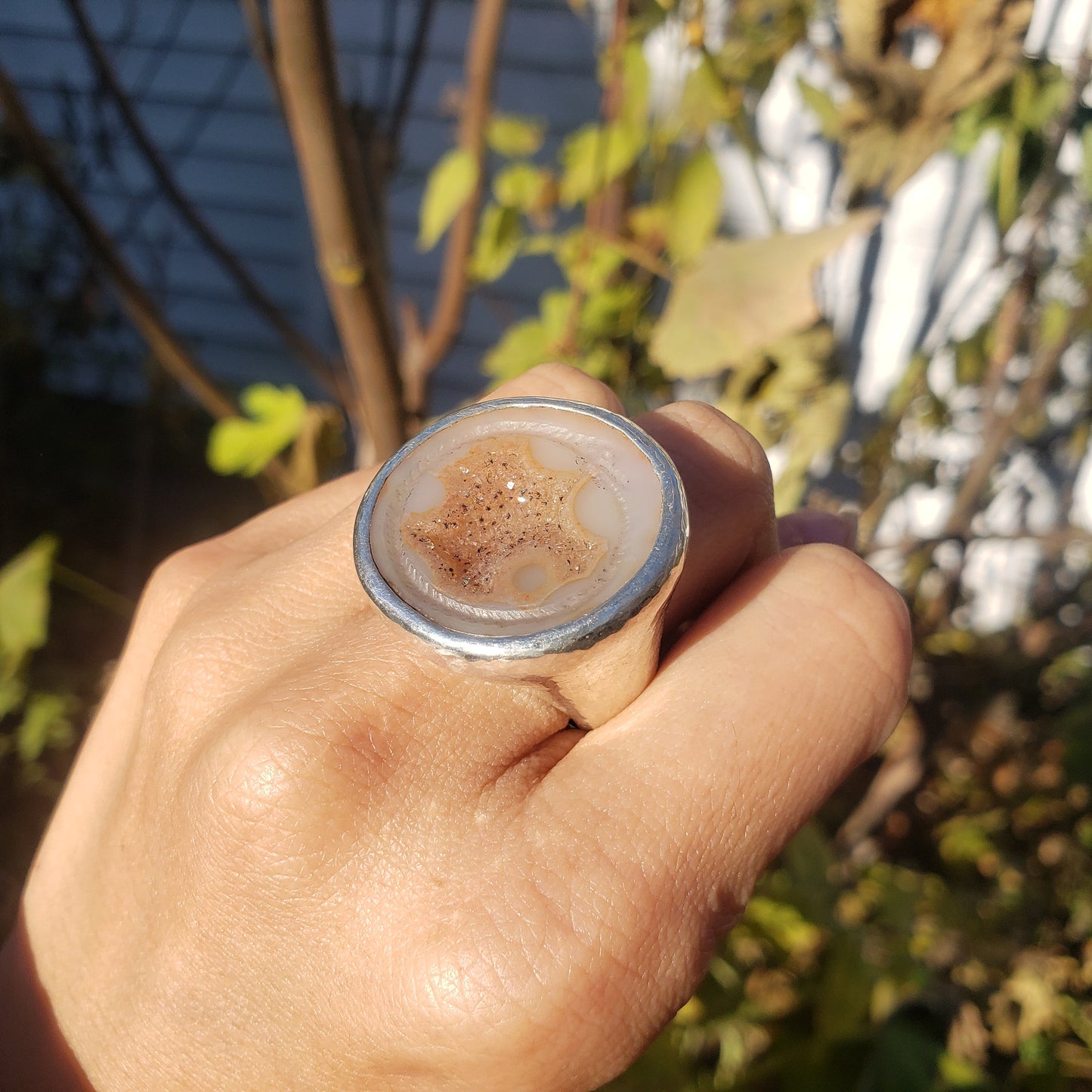 Ouroboros agate geode silver ring