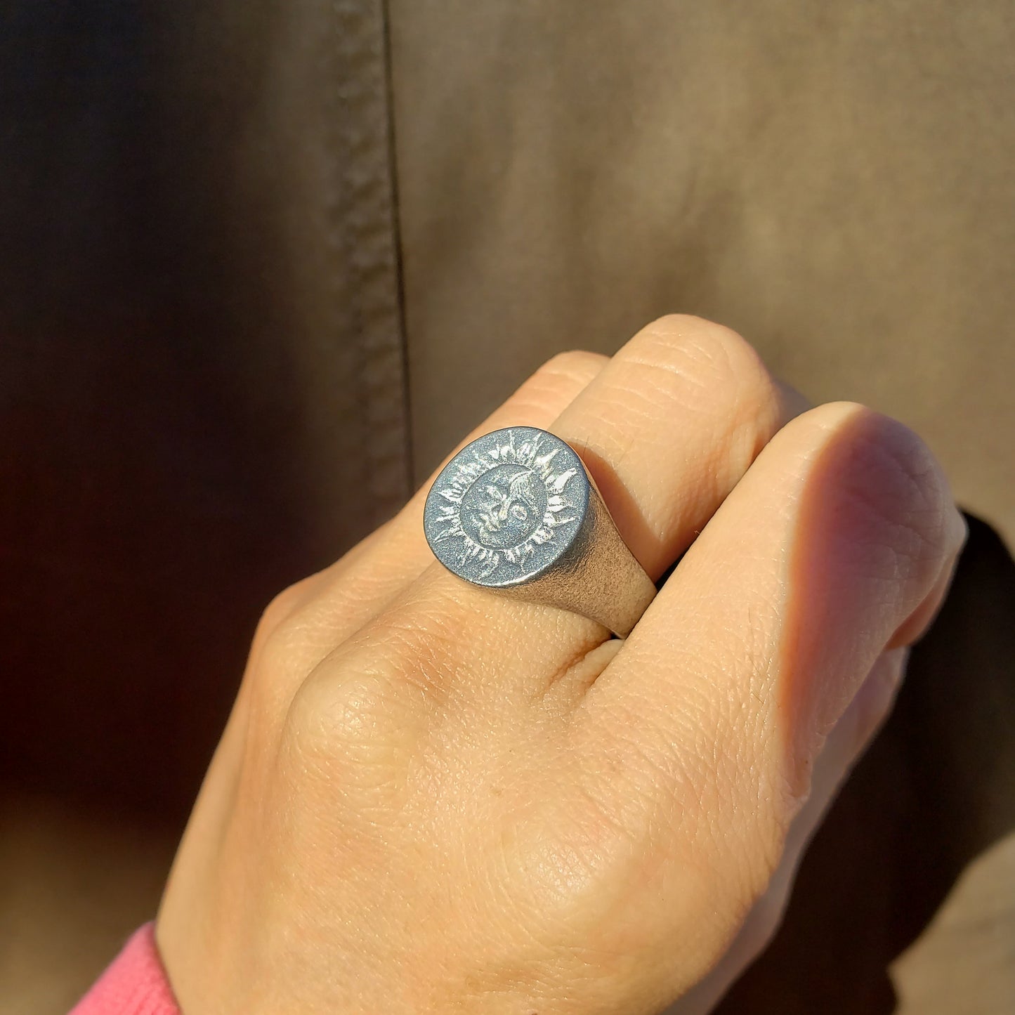 sun and moon face wax seal signet ring