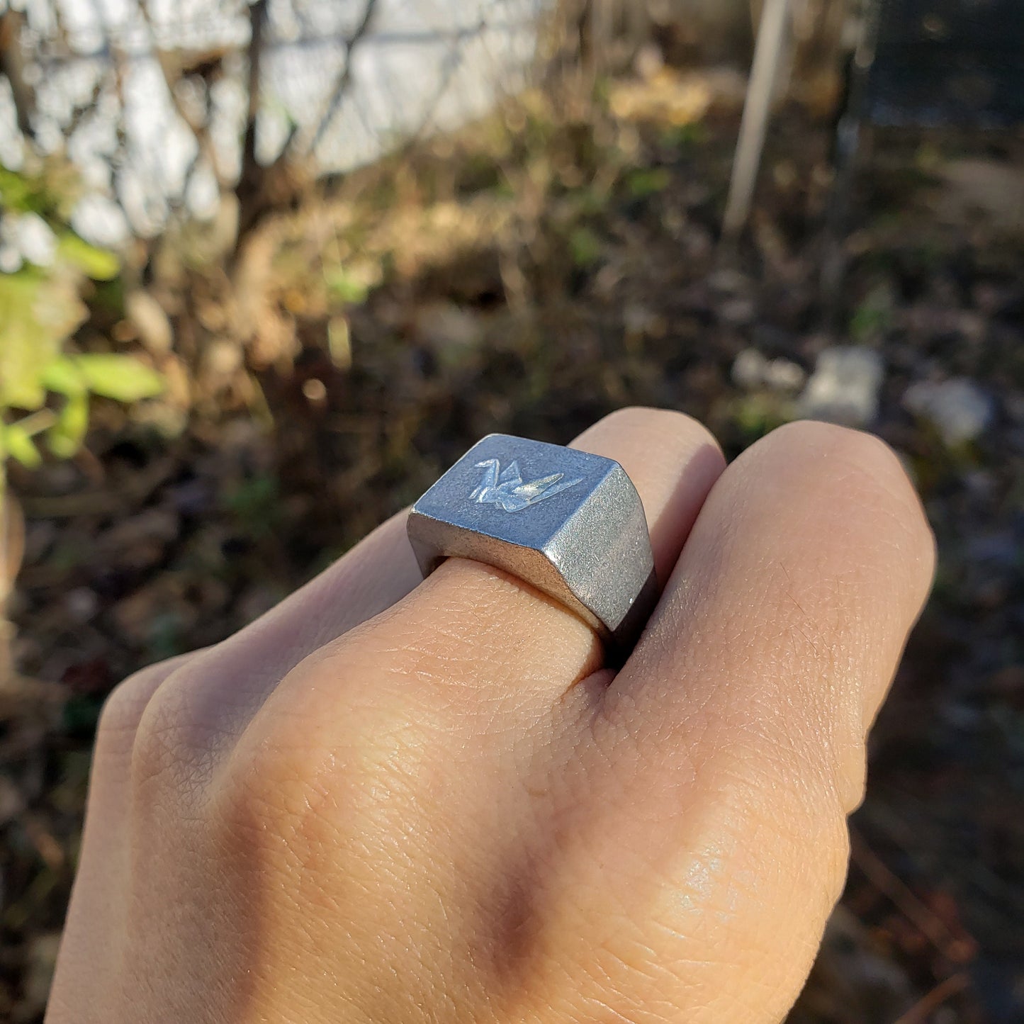 Origami crane wax seal signet ring