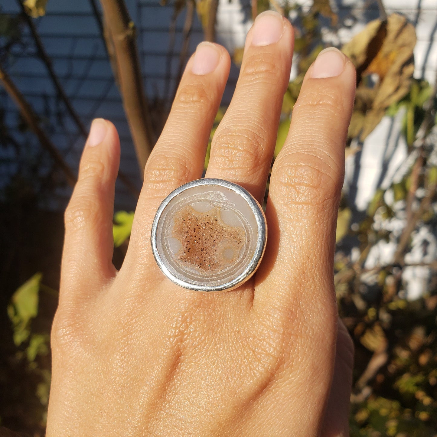 Ouroboros agate geode silver ring