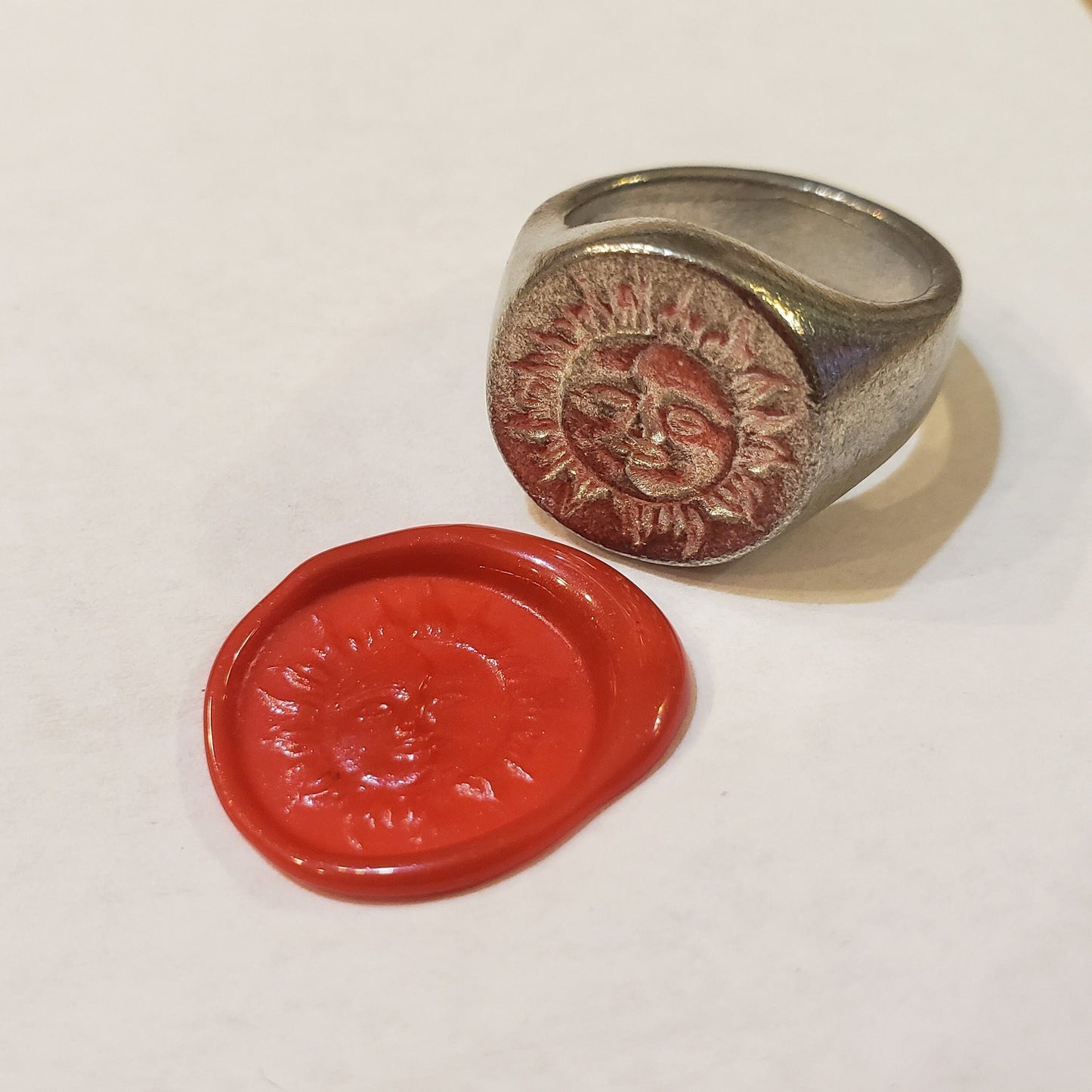 sun and moon face wax seal signet ring