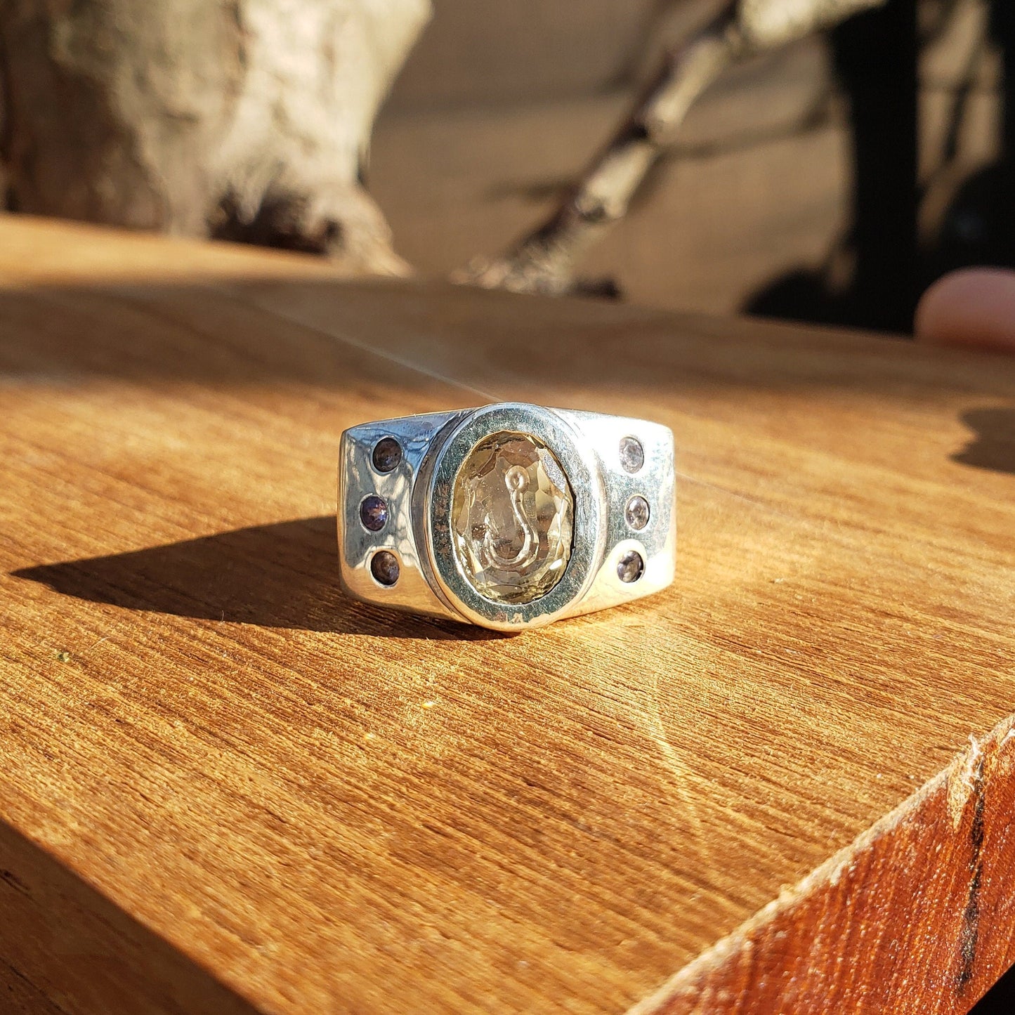 Citrine and tanzanite fishhook silver ring