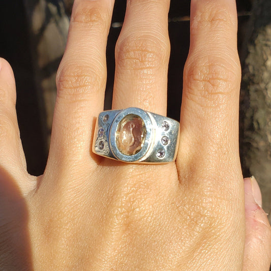 Citrine and tanzanite fishhook silver ring