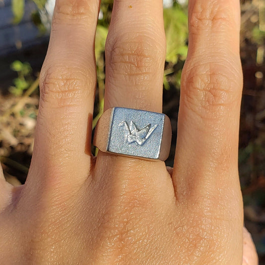 Origami crane wax seal signet ring