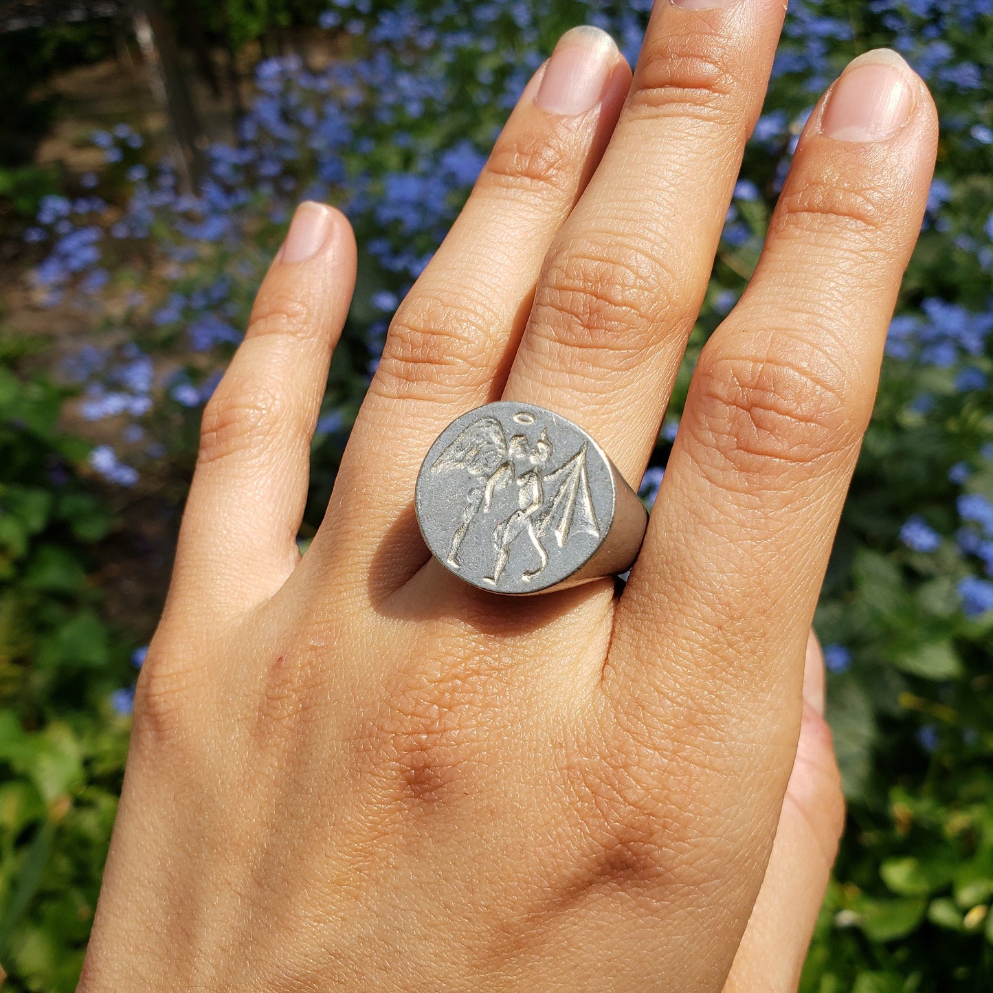 Angel and devil kiss wax seal signet ring