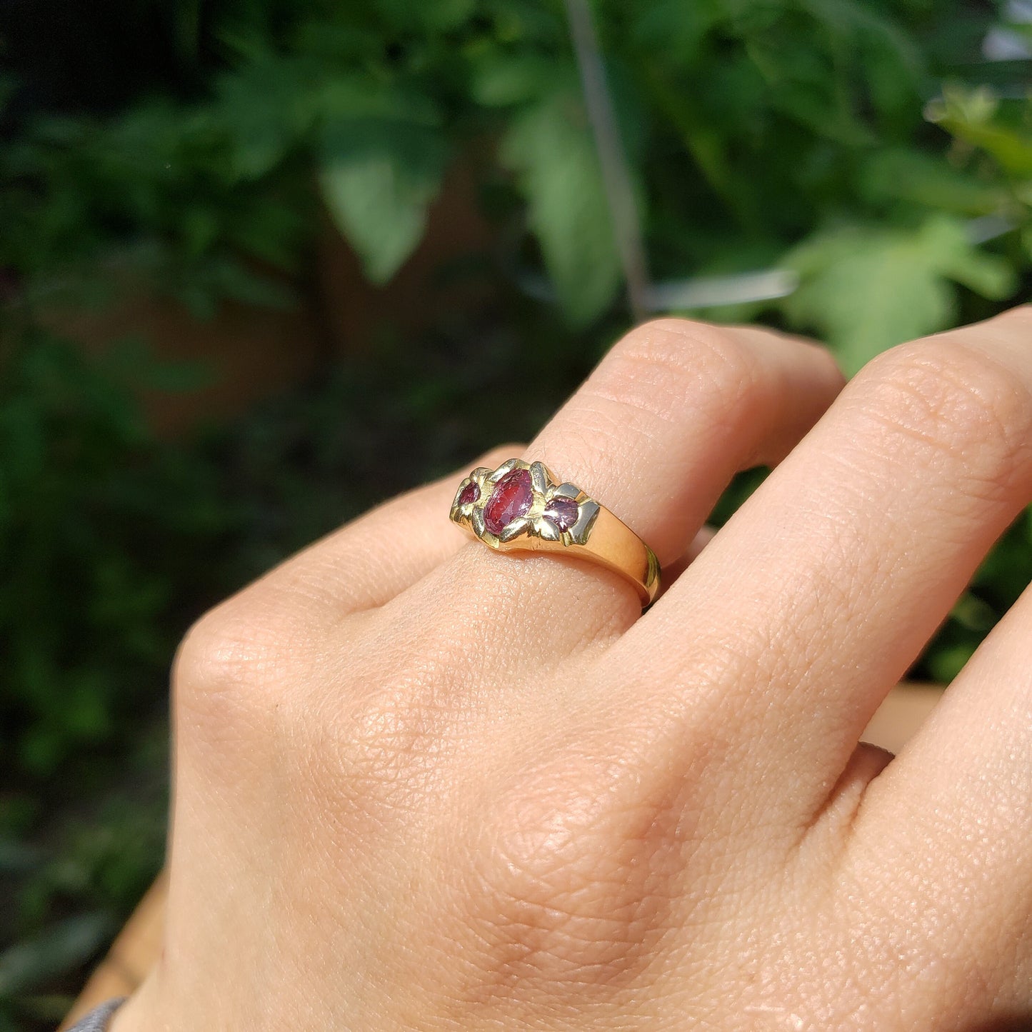 Padparadscha 3 stone sapphire 18k gold ring