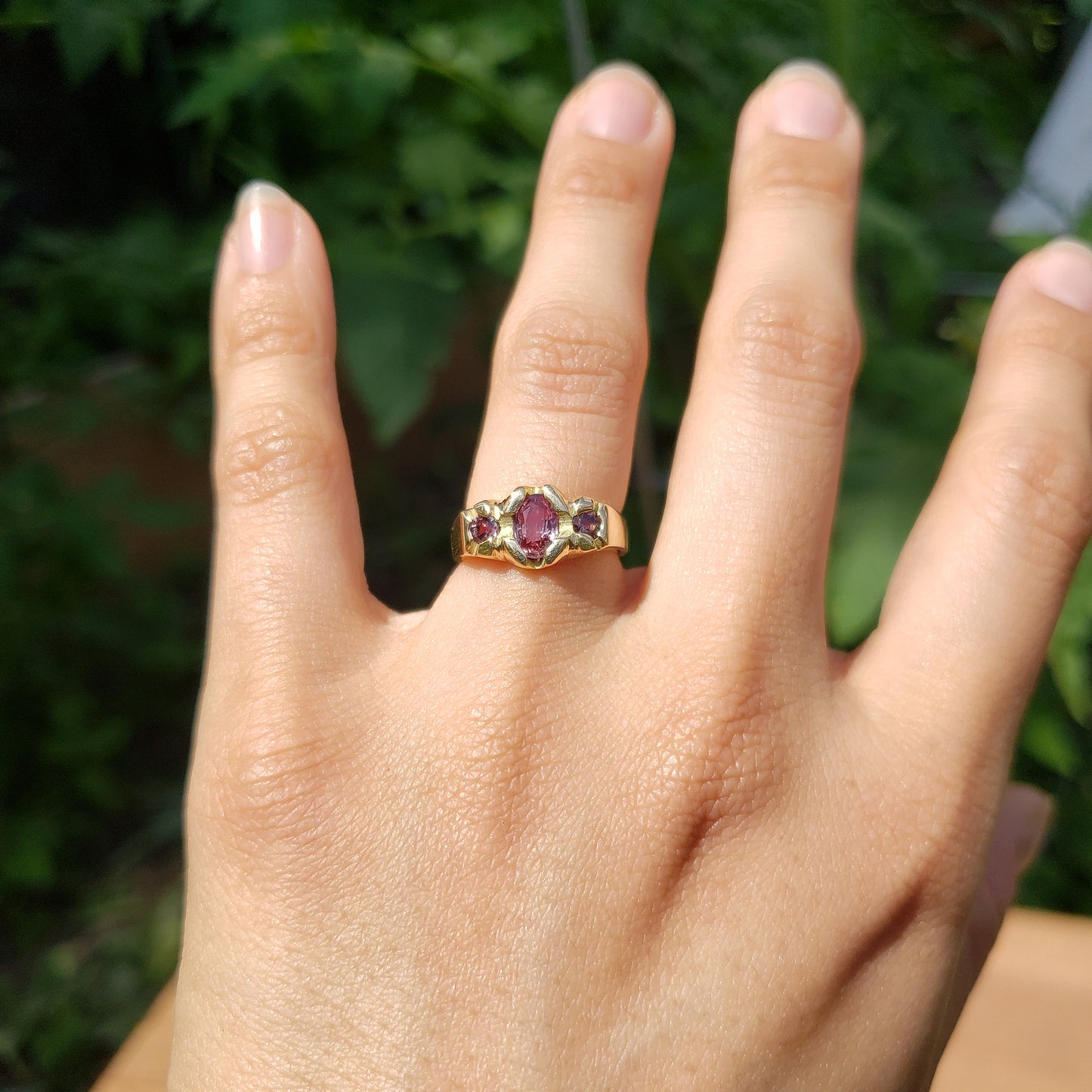 Padparadscha 3 stone sapphire 18k gold ring