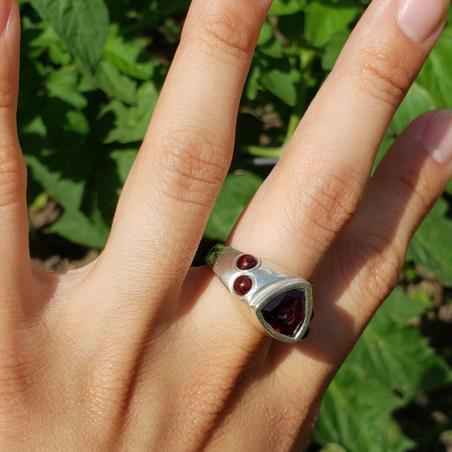 Cherry intaglio garnet silver ring