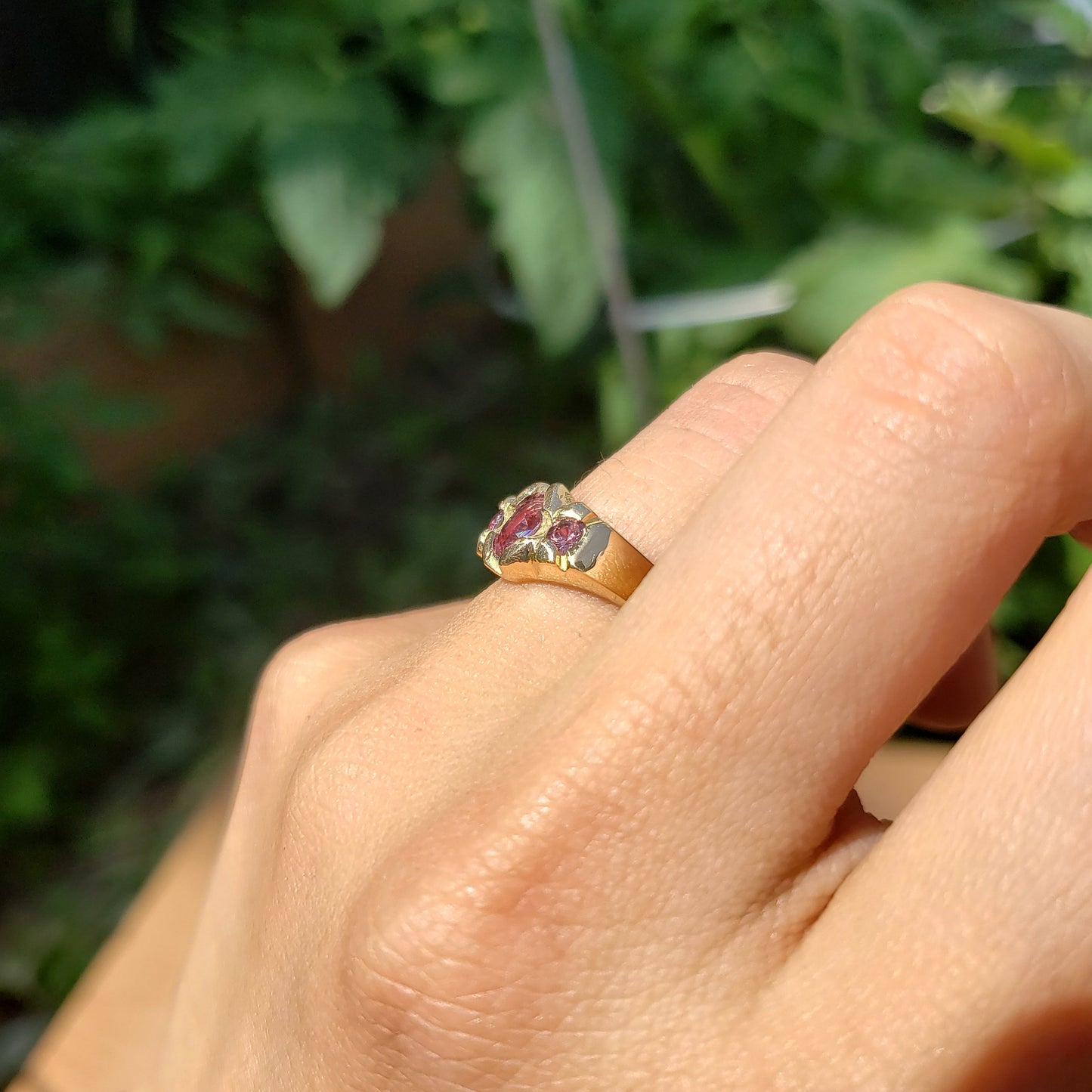 Padparadscha 3 stone sapphire 18k gold ring