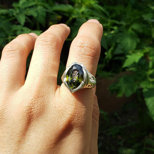 Corn intaglio green sapphire and topaz silver ring