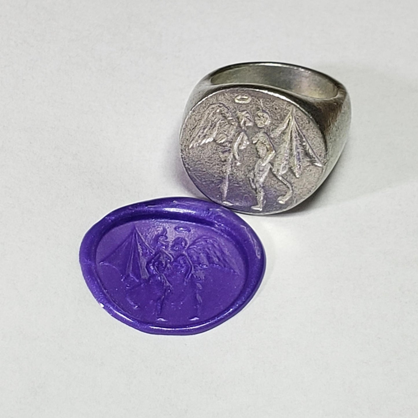 Angel and devil kiss wax seal signet ring