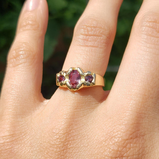 Padparadscha 3 stone sapphire 18k gold ring