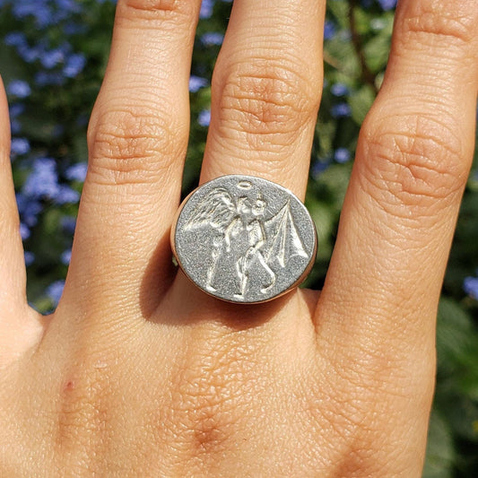 Angel and devil kiss wax seal signet ring