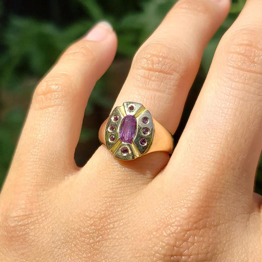 Pink sapphire 9 stone 18k gold ring