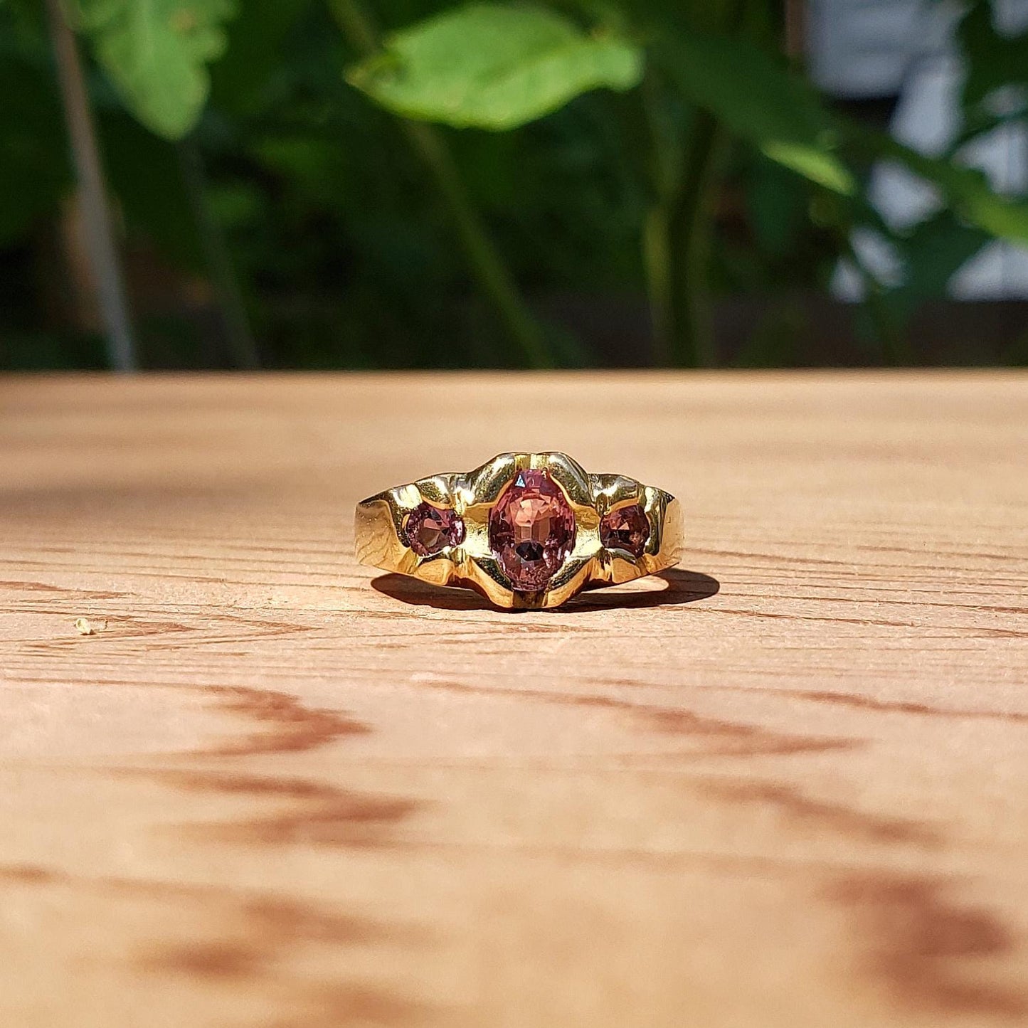 Padparadscha 3 stone sapphire 18k gold ring