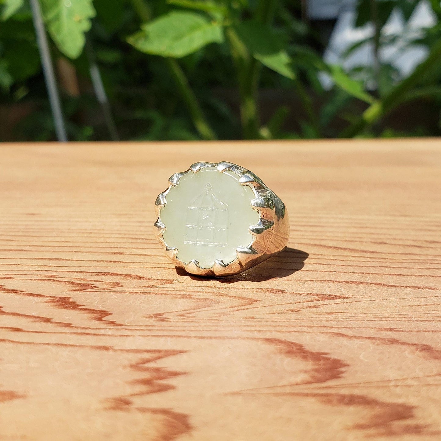 Jade birdcage silver ring