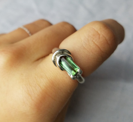 Floral bell green tourmaline sterling silver ring