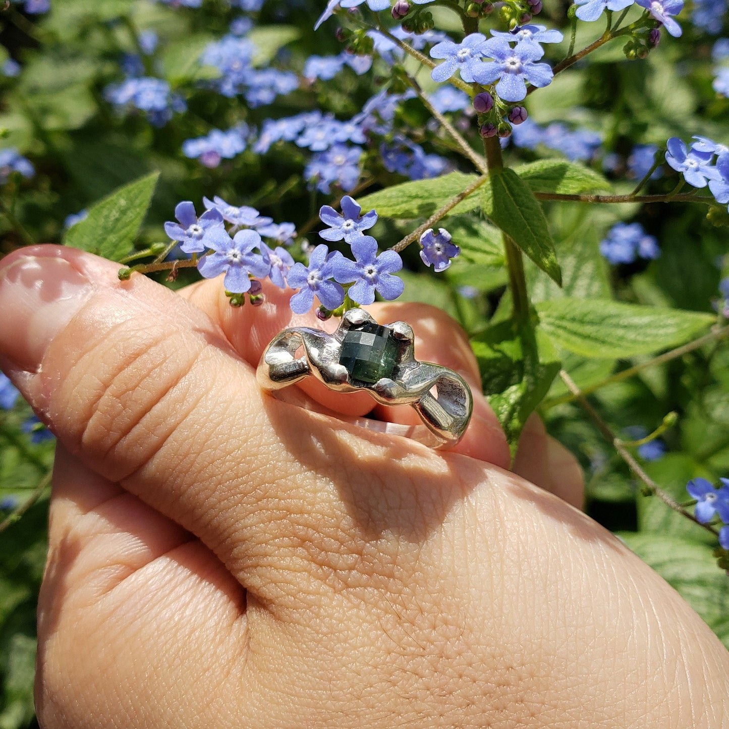 Greenish Blue natural checkerboard Sapphire ring