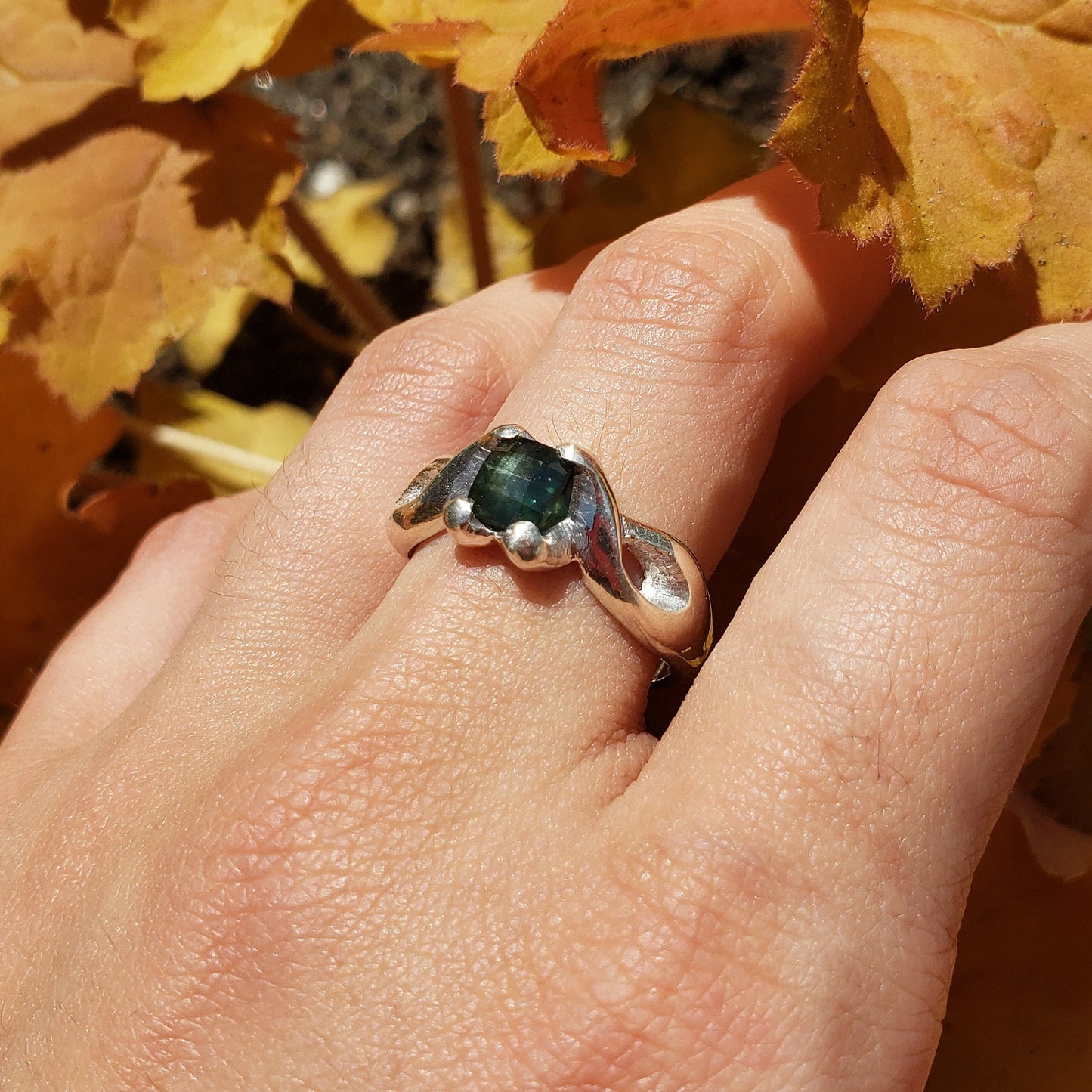 Greenish Blue natural checkerboard Sapphire ring