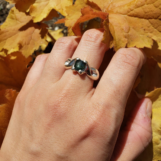 Greenish Blue natural checkerboard Sapphire ring