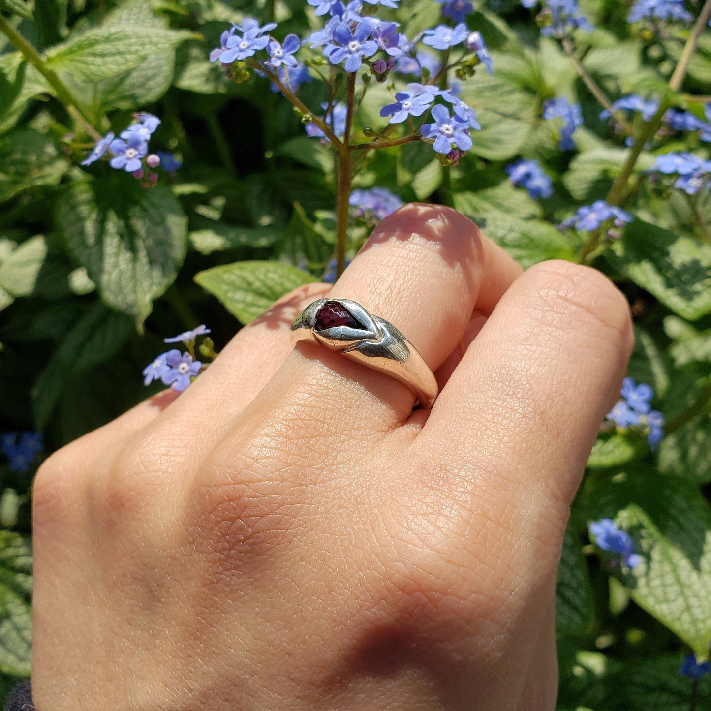 red garnet briolette yoni ring