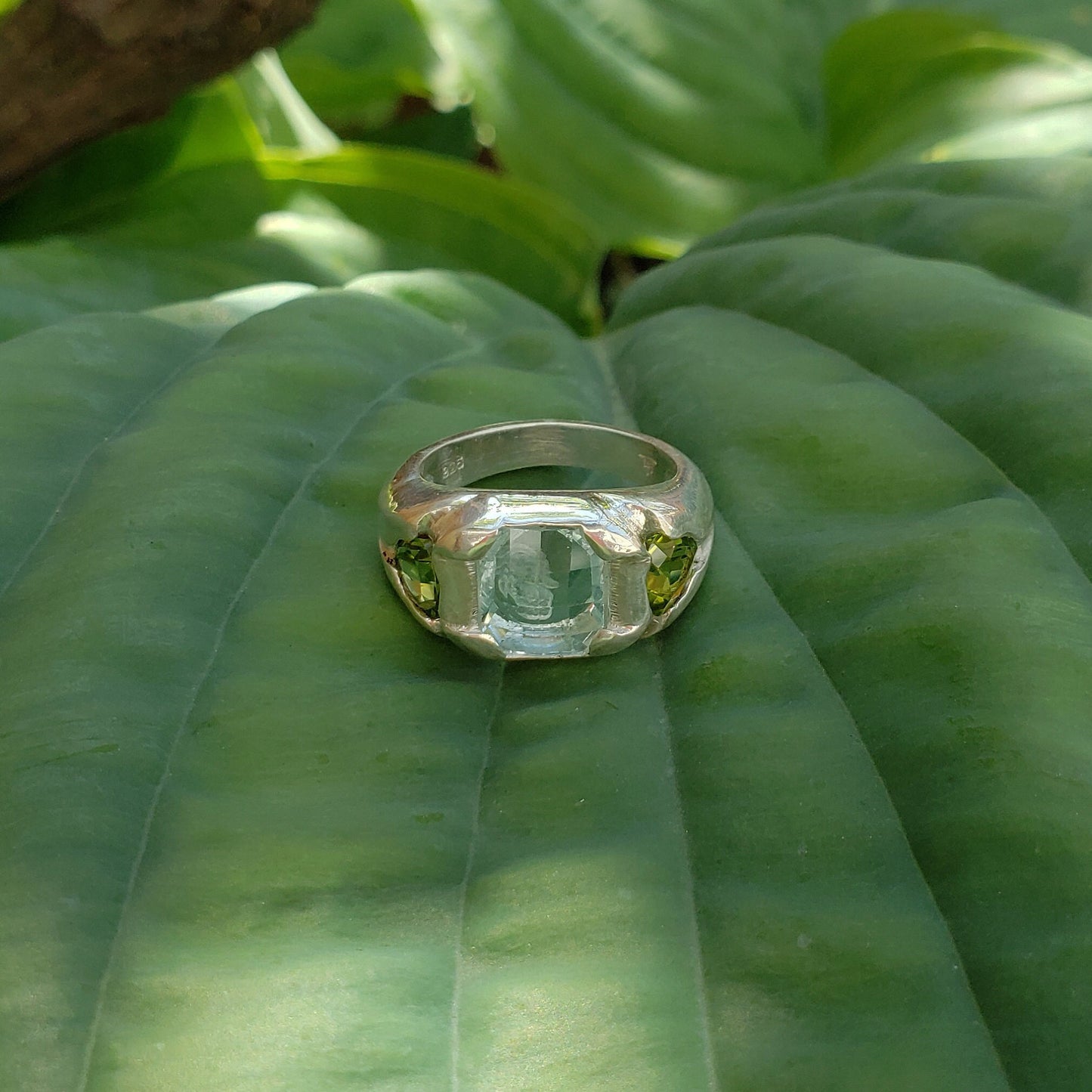 Face looking into space aquamarine and peridot ring