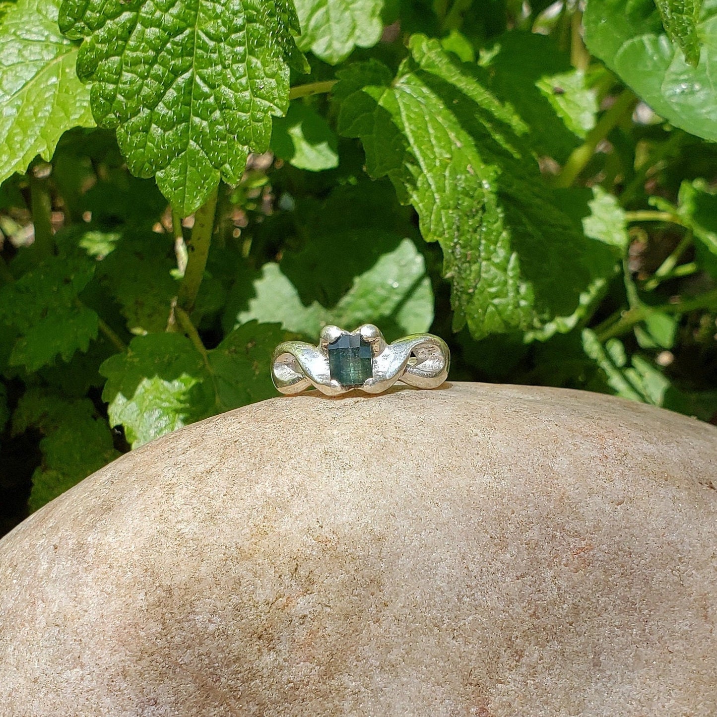 Greenish Blue natural checkerboard Sapphire ring