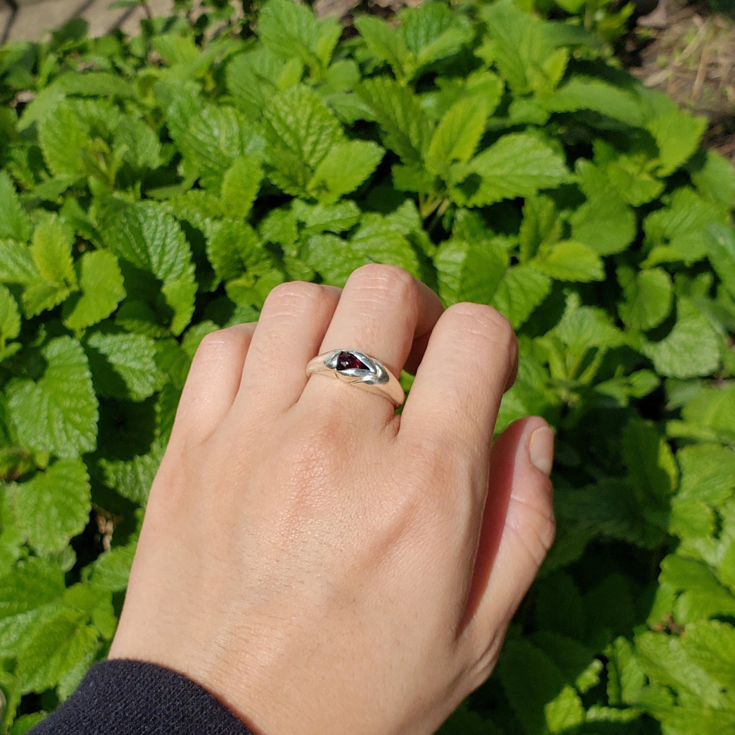 red garnet briolette yoni ring