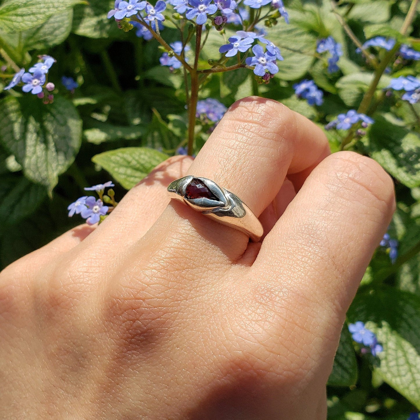 red garnet briolette yoni ring