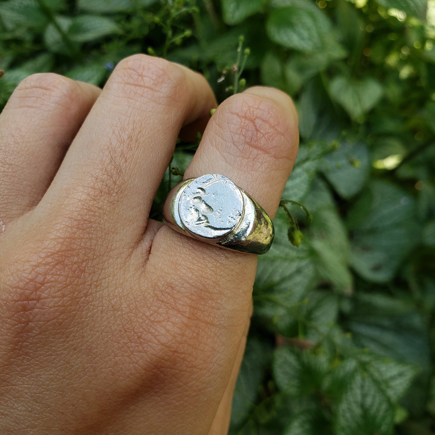 Crescent moon face wax seal signet ring