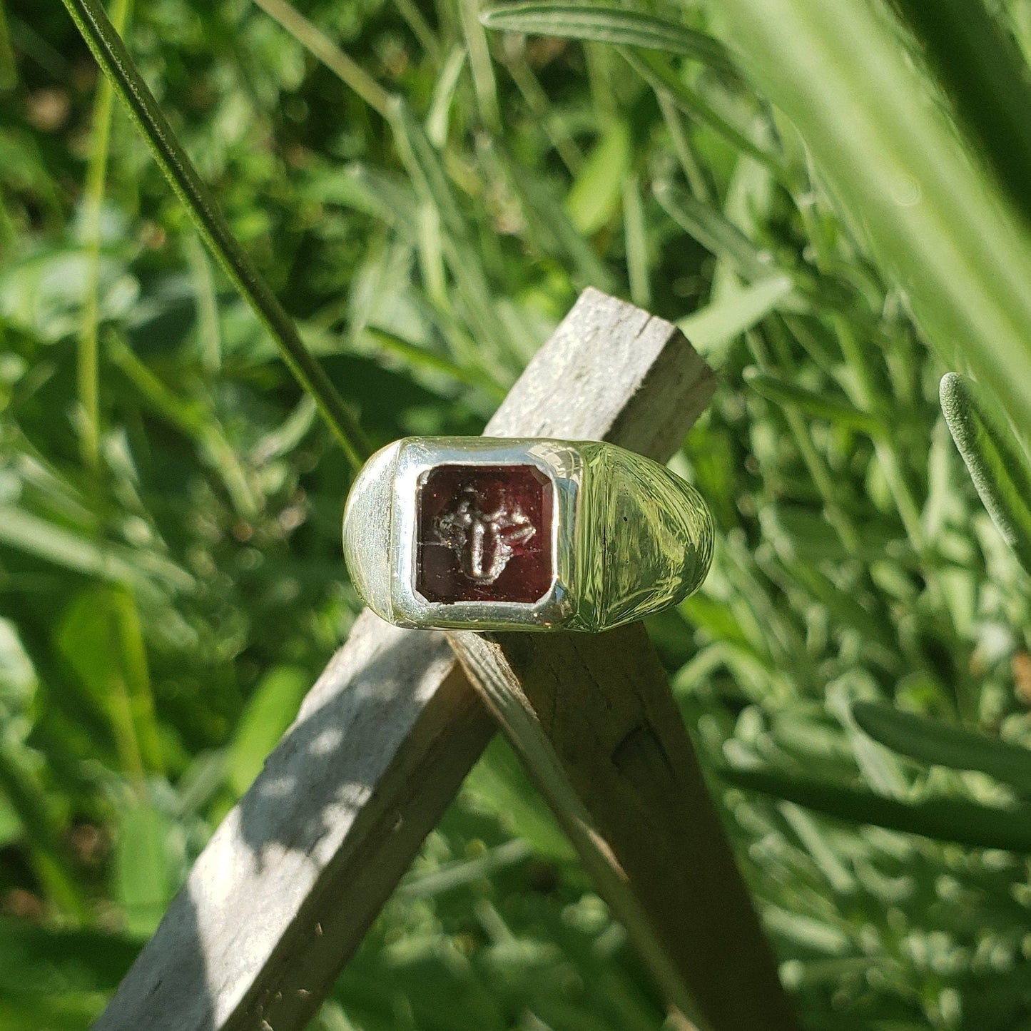 Tongue out garnet signet ring