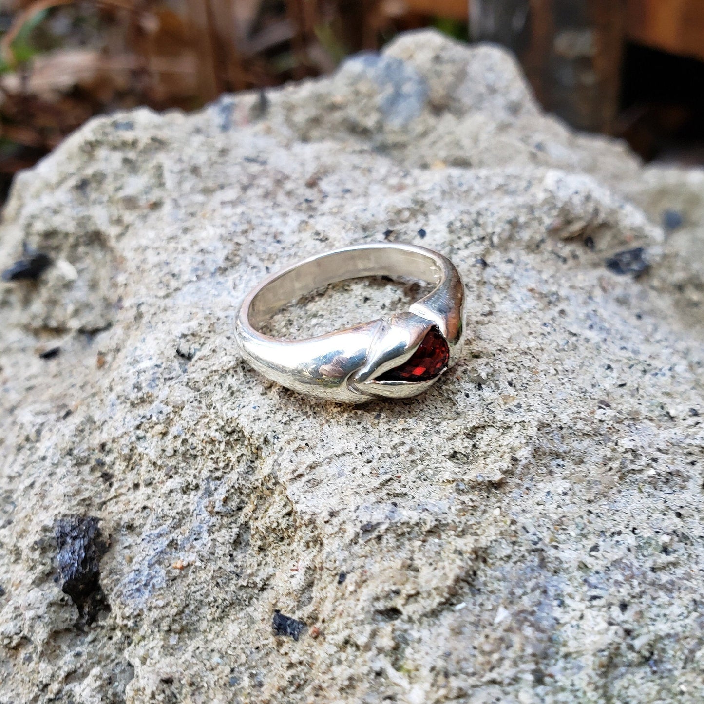 red garnet briolette yoni ring