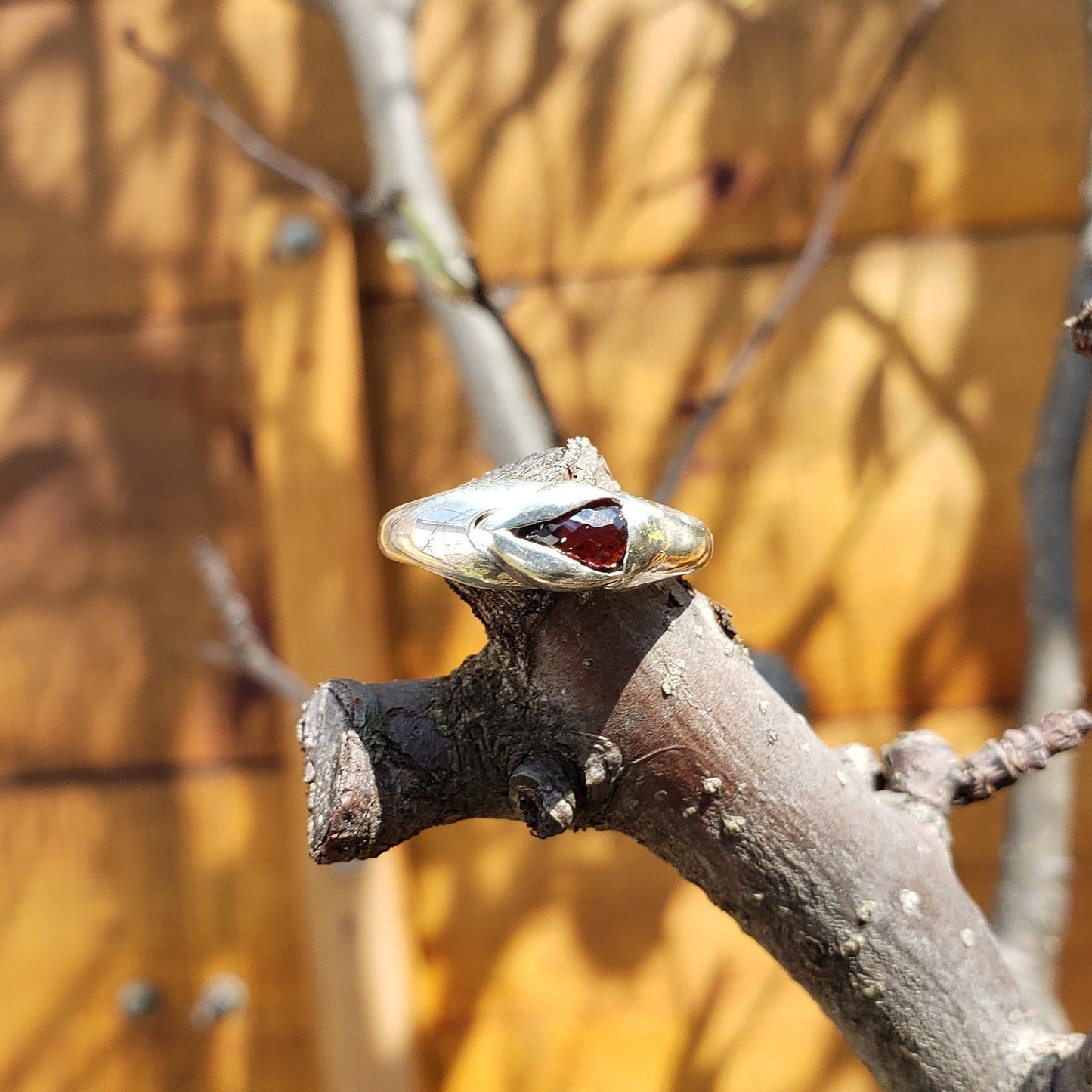 red garnet briolette yoni ring