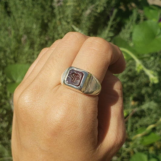 Tongue out garnet signet ring