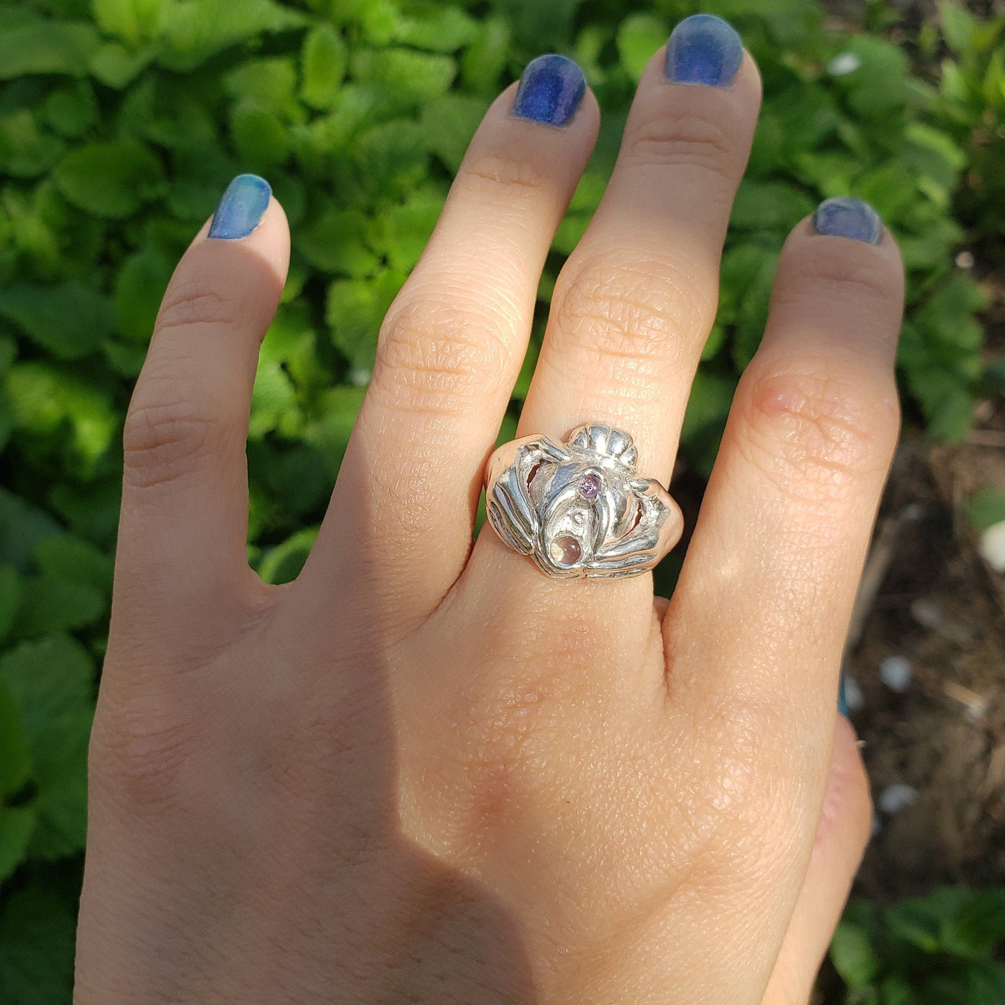 Pink sapphire and moonstone Vulva Claddagh ring