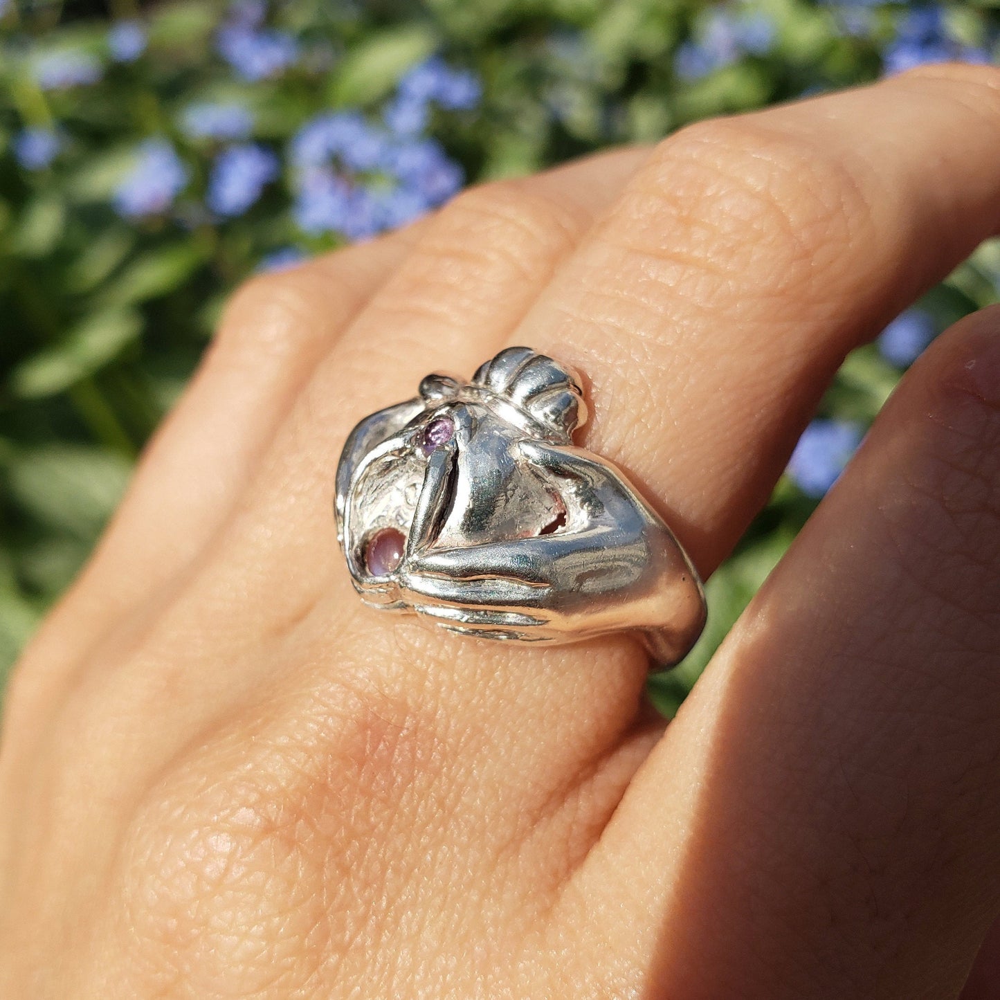 Pink sapphire and moonstone Vulva Claddagh ring