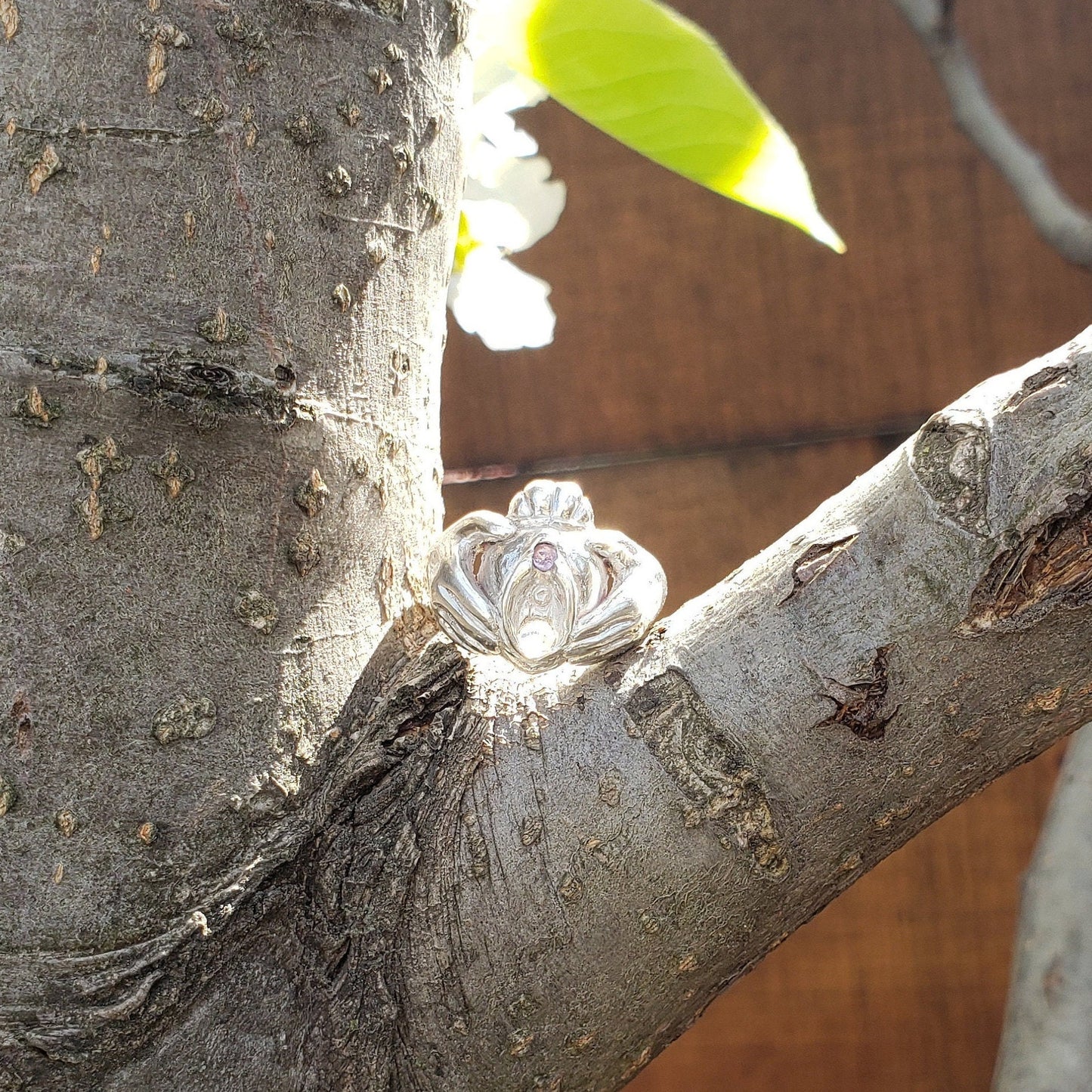 Pink sapphire and moonstone Vulva Claddagh ring