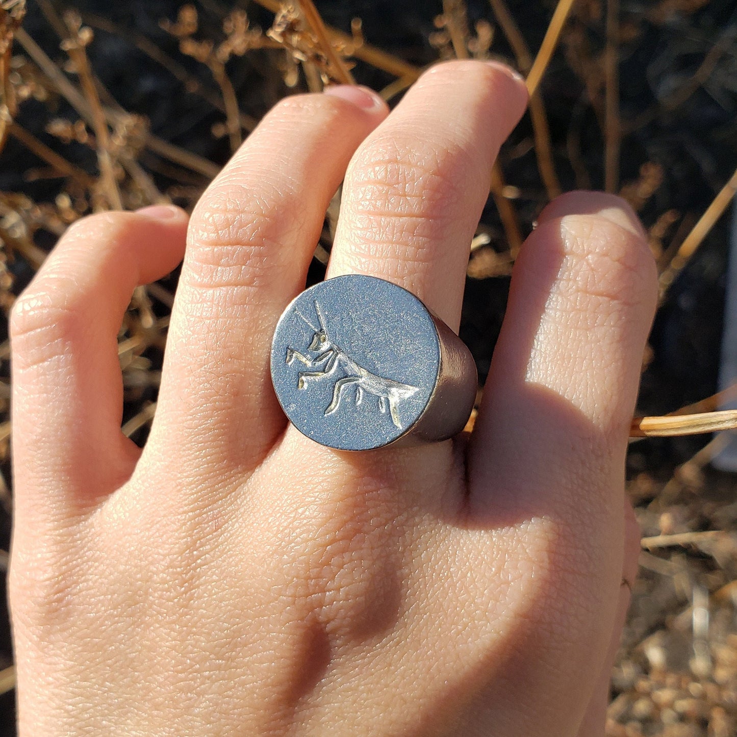 Praying mantis wax seal signet ring