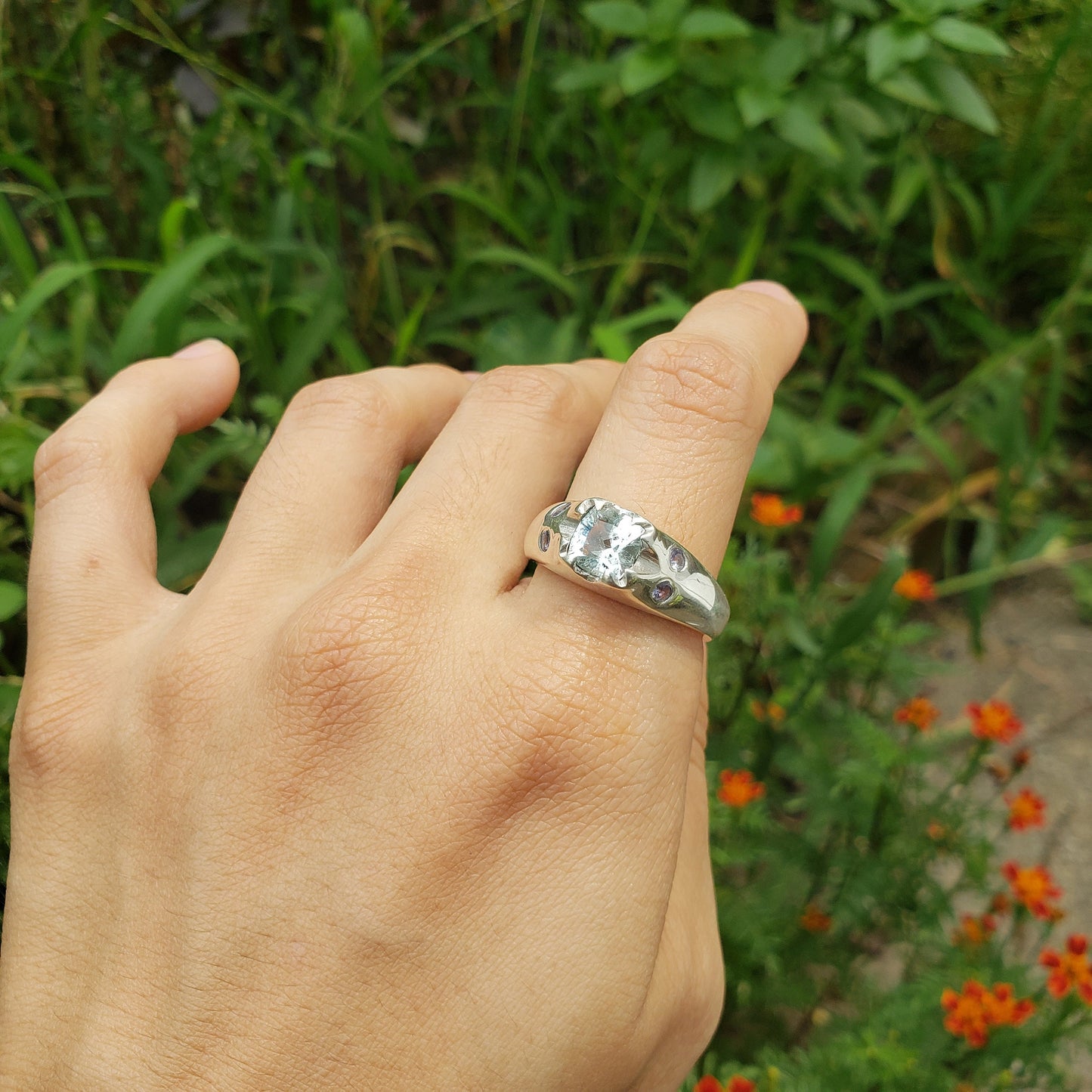 Fantasy cut aquamarine and tanzanite ring