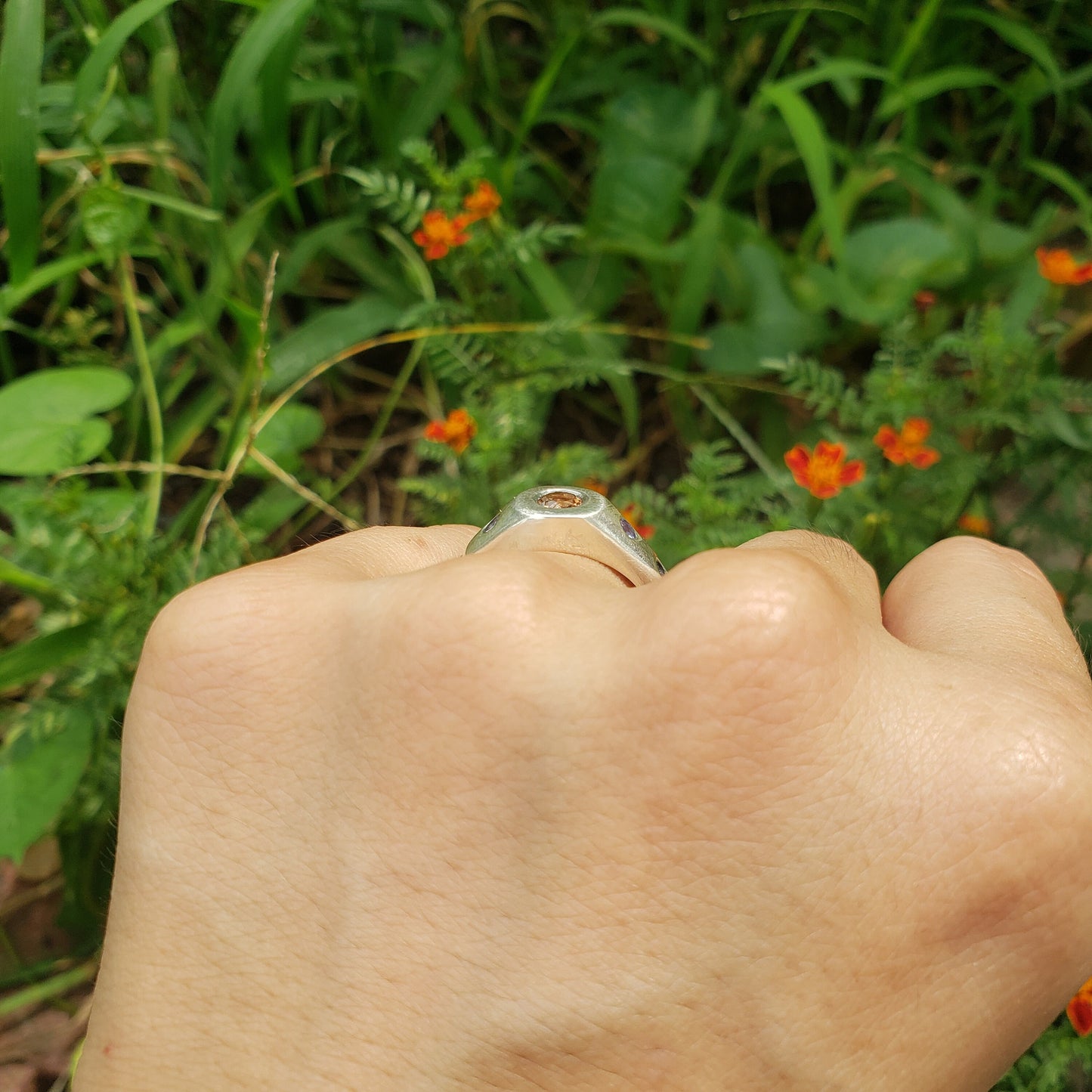 Andalusite and tanzanite five stone ring