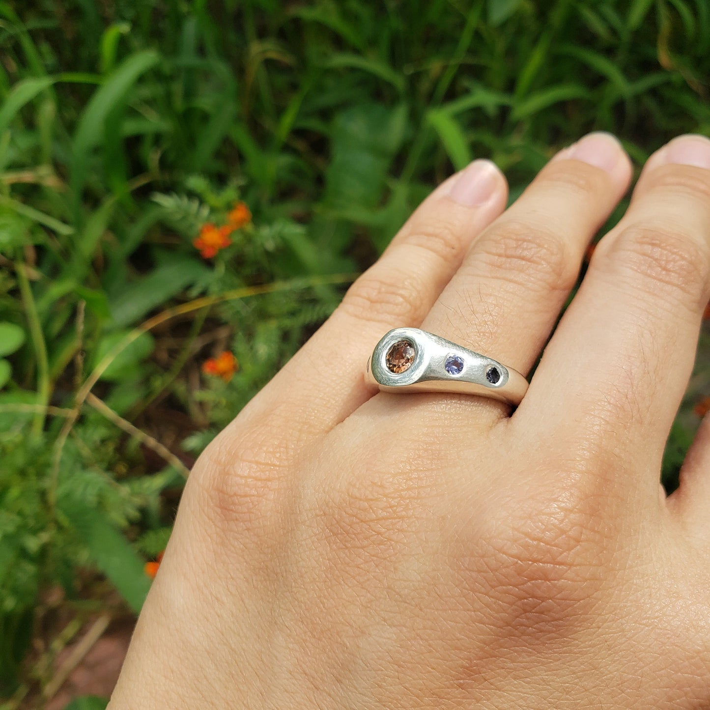 Andalusite and tanzanite five stone ring