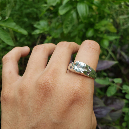 Fantasy cut aquamarine and tanzanite ring