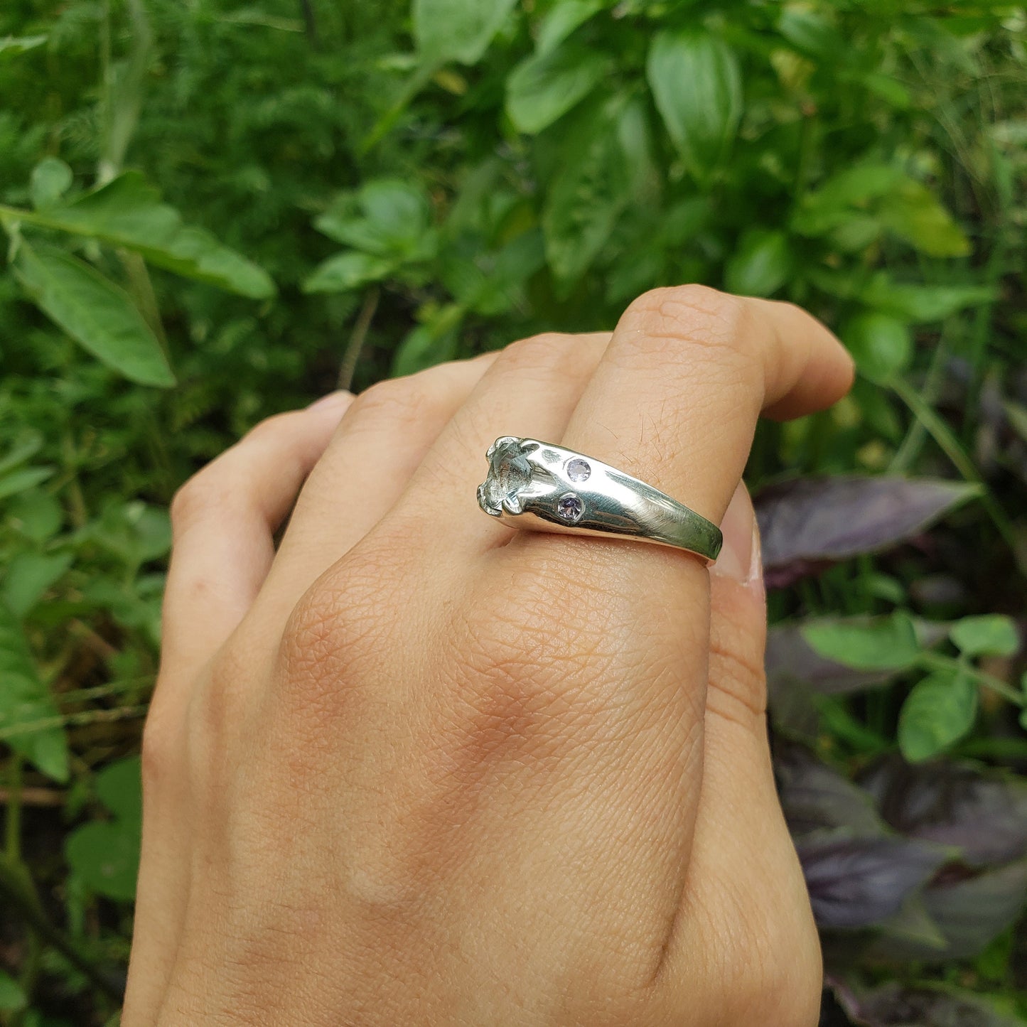 Fantasy cut aquamarine and tanzanite ring